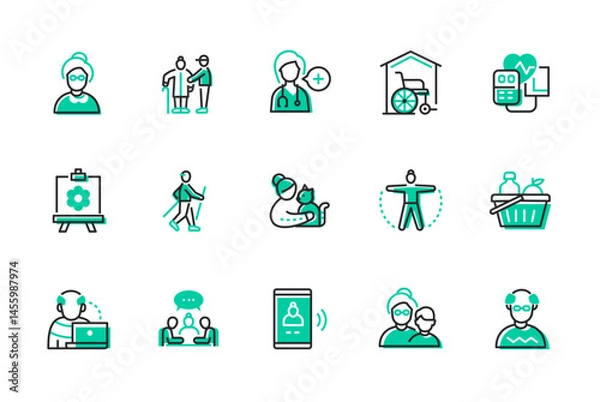 Fototapeta Happy aging and care - set of line design style icons