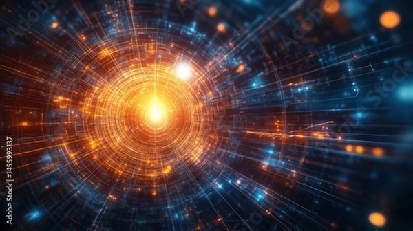 Fototapeta Abstract digital vortex with glowing particles and light trails in vibrant colors