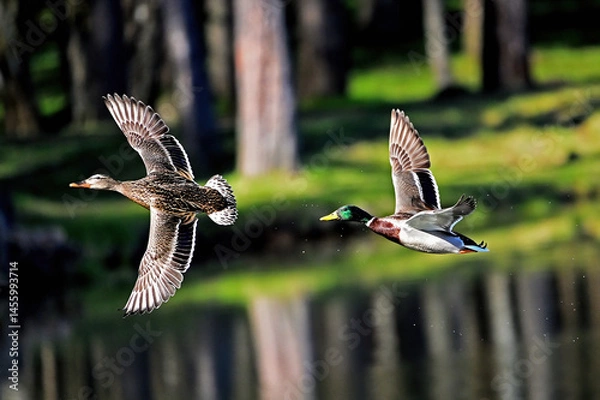 Fototapeta A pair of ducks in flight in spring over a forest lake.