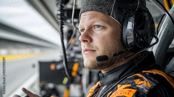 Fototapeta Focused race car driver concentrating in the pit nascar event close-up perspective sporting environment