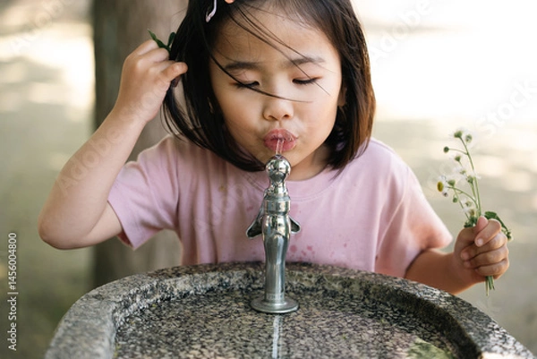 Fototapeta 公園で水を飲む女の子