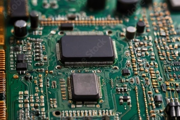 Fototapeta Electronics and microchips background in fullscreen