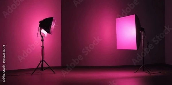 Fototapeta A vibrant pink photographic lamp illuminates a dark studio , creative, object
