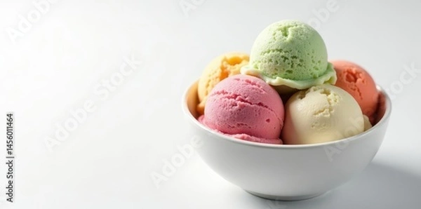 Fototapeta Multicolored ice cream in bowl, white backdrop , topping, summer, rainbow