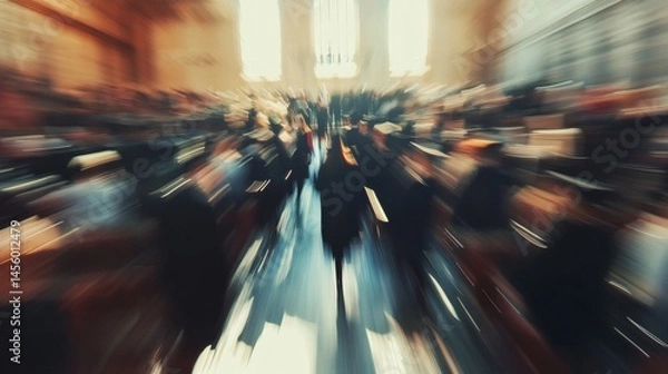 Fototapeta Blurred crowd exiting grand hall; event conclusion, city background