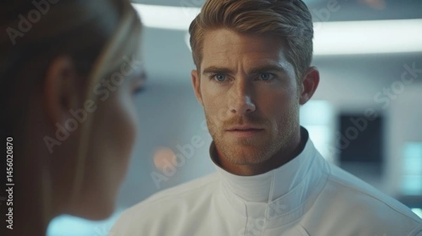 Fototapeta Close-up of two individuals engaging in a serious discussion.