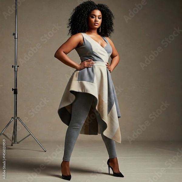 Fototapeta Stylish Woman in Asymmetrical Dress: Confident model with voluminous curly hair strikes a powerful pose in a modern grey and beige asymmetrical dress and leggings against a neutral studio backdrop.