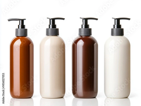 Obraz Set of travel-size shampoo and lotion bottles, isolated on white background.