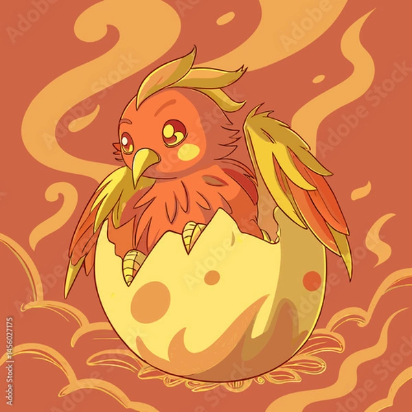 Obraz Tiny phoenix emerging from a fiery egg, surrounded by smoke—symbol of rebirth and myth in vivid digital art.