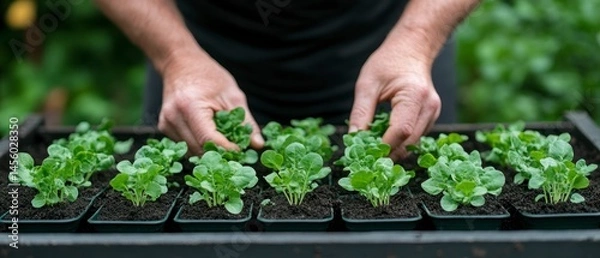 Fototapeta Caucasian man carefully transplants seedlings into small containers, fostering new growth for a sustainable garden.