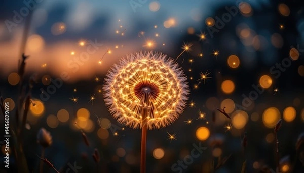 Fototapeta Enchanted Dandelion Firefly Dusk Magic, Whimsical Nature Photography