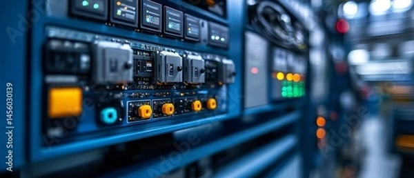Fototapeta Control panel stands prominently showing numerous electronic components, connectors, and displays reflecting precision engineering.