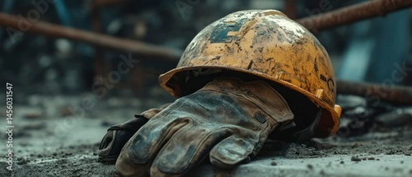 Fototapeta Dusty hardhat rests alongside worn gloves suggesting cessation, pause, or solemn remembrance at a construction site.