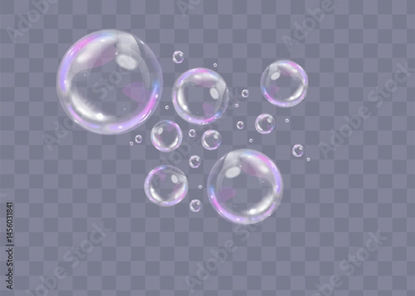 Fototapeta Colorful soap bubbles on a transparent background. Bright, dreamy bubbles with a rainbow gradient effect. Realistic soap bubble element vector set. Vector