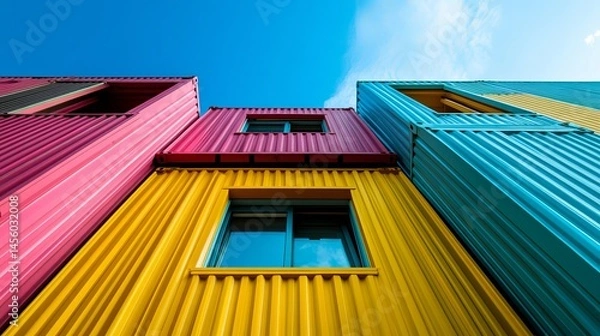 Obraz Colorful shipping containers modern architecture design building exterior sky pink blue teal wall