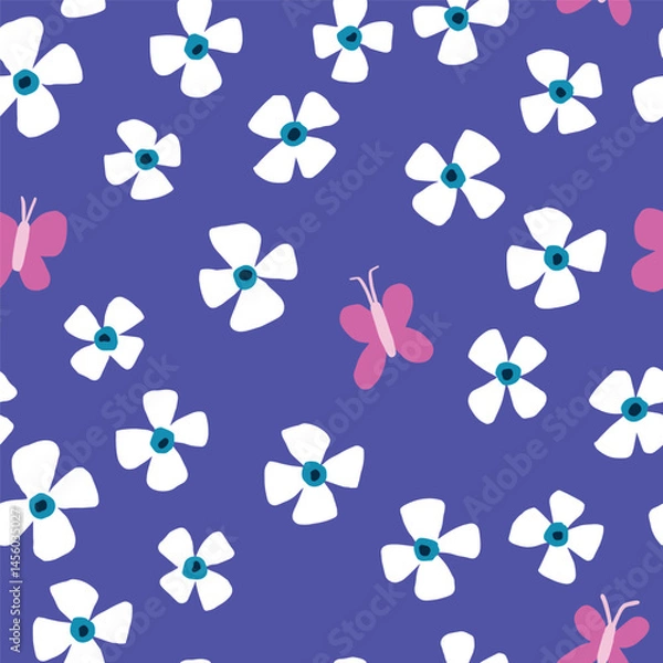 Fototapeta Seamless Pattern with Flowers and Butterflies on Blue Background. Hand Drawn Cute Spring and Summer Design
