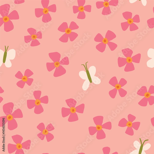 Fototapeta Seamless Pattern with Flowers and Butterflies on Pink Background. Hand Drawn Cute Spring and Summer Design
