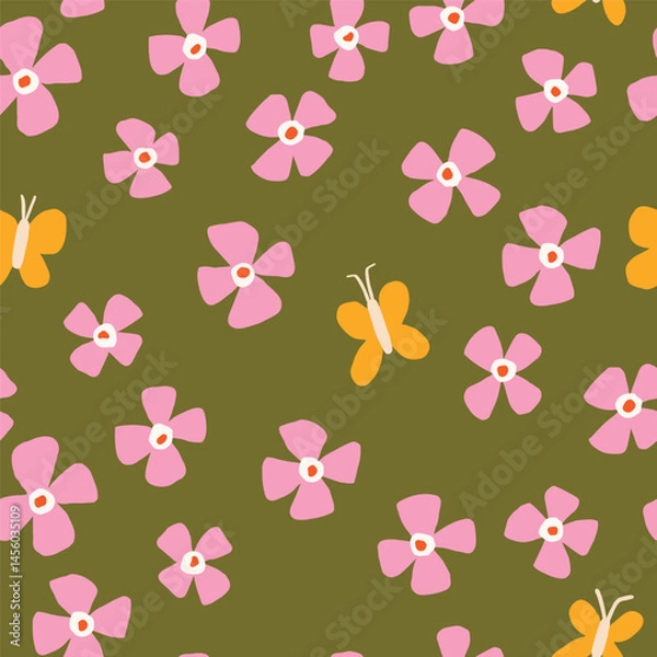Fototapeta Seamless Pattern with Flowers and Butterflies on Green Background. Hand Drawn Cute Spring and Summer Design
