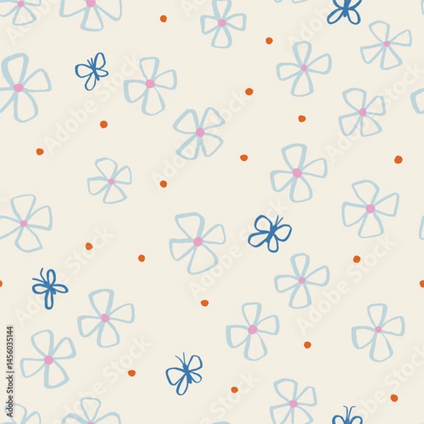 Fototapeta Beautiful Floral Seamless Pattern with Butterflies. Simple and Elegant Texture with Flowers in Pastel Colors
