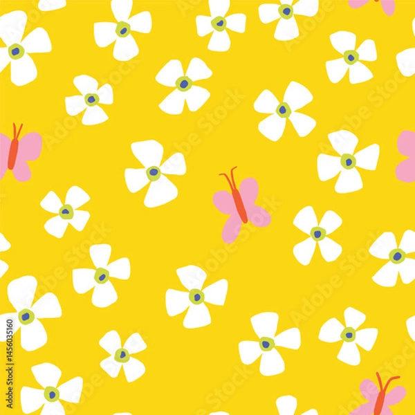 Fototapeta Seamless Pattern with Flowers and Butterflies on Yellow Background. Hand Drawn Cute Spring and Summer Design
