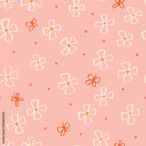 Fototapeta Beautiful Floral Seamless Pattern with Butterflies. Simple and Elegant Texture with Flowers in Pastel Colors
