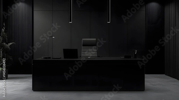 Fototapeta 79. A black office with sleek dark furniture and a monochrome color palette