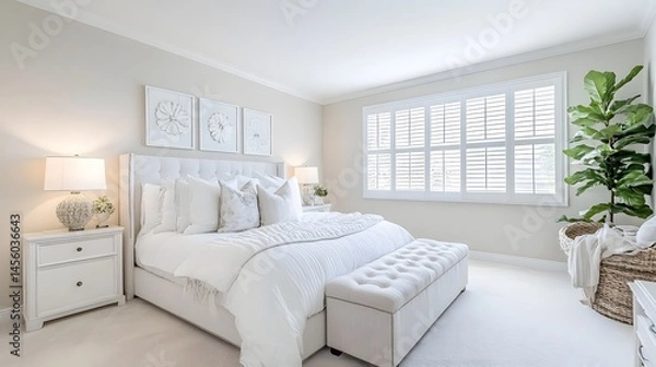 Fototapeta 78. A white bedroom featuring a clean look, white furniture, and light decor for a bright appearance