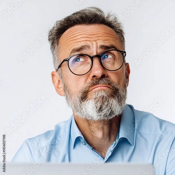 Obraz Thoughtful man with glasses looking up while sitting at a desk with a laptop, pondering ideas