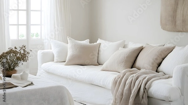 Fototapeta 44. A white living space with white walls, a white sofa, and a light gray throw blanket on the couch