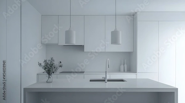 Fototapeta 42. A white kitchen with white cabinets, a white countertop, and white fixtures, maintaining a minimalist design