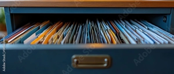 Fototapeta File drawer contains organized paper files, symbolizing administrative management within office.