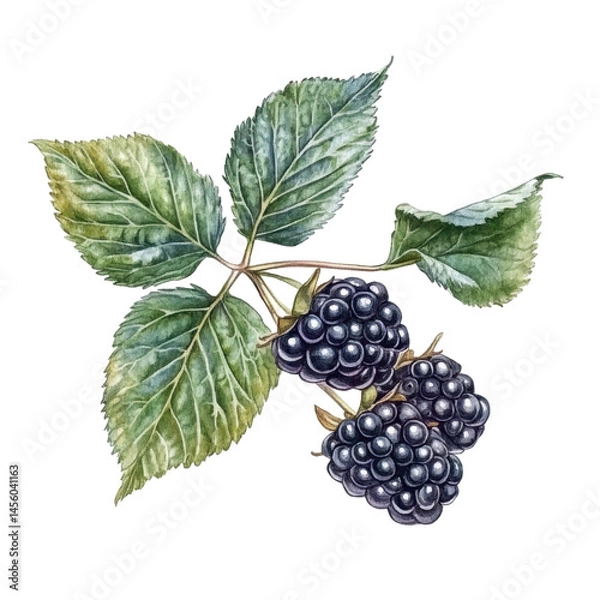 Fototapeta Blackberries growing on a branch surrounded by green leaves in a natural setting during daytime