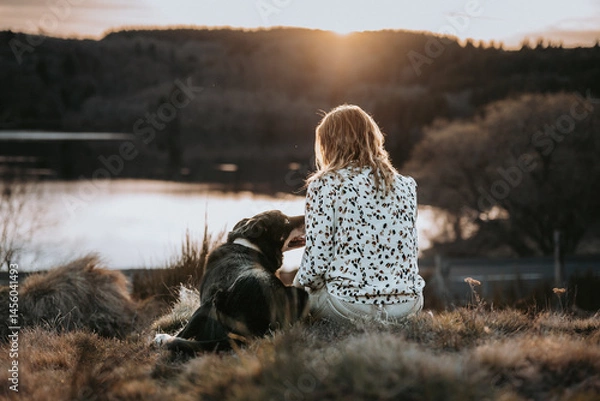 Fototapeta Une fille et son chien qui regarde le coucher de soleil au bord d'un lac