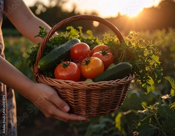 Obraz Hands holding wicker basket filled with fresh garden vegetables