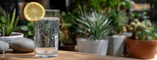 Fototapeta Refreshing glass of water with lemon slice on table surrounded by garden greenery and bright daylight