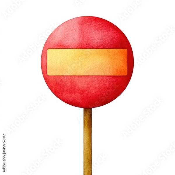 Obraz Watercolor children’s book style clipart of a red circular sign with wooden post for educational and decorative use