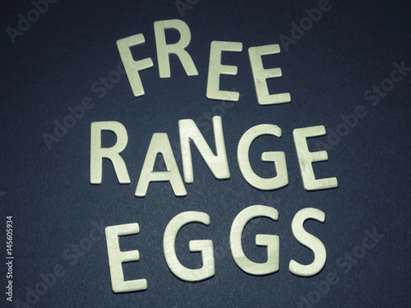 Fototapeta Free Range Eggs written with colorful wooden letters on a blue background