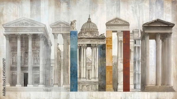 Obraz Timeless Architectural Heritage A Collection of Faded Grandeur and Colorful Accents Depicting Ancient Structures in Artistic Rendition