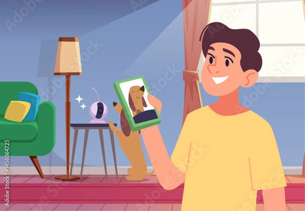 Obraz Pets gadgets. ip camera connection to dog owner smartphone. vector background
