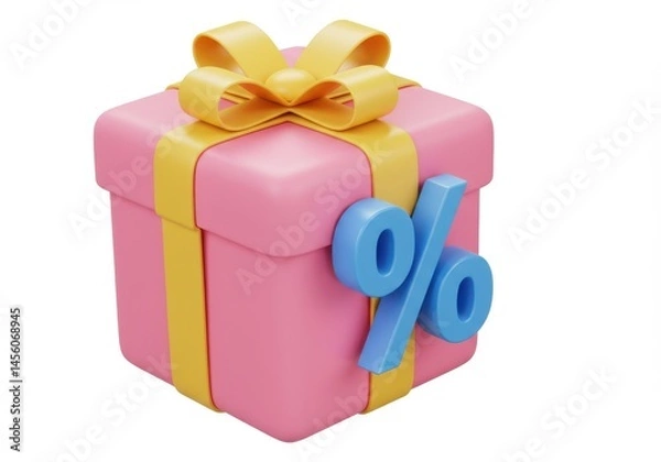 Fototapeta Pink gift box with a blue percentage sign isolated on white background