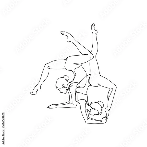Fototapeta Abstract pose of a young women continuous line art drawing doing sport, stretching, yoga. Body freedom concept. Minimal poster print art. Trendy one line draw design vector graphic illustration