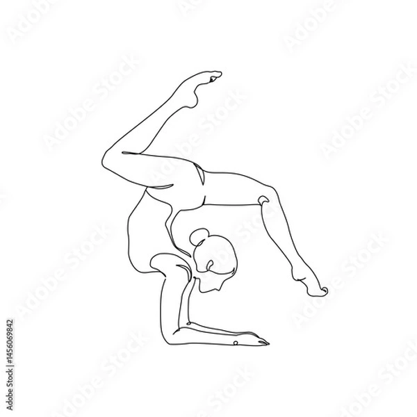 Fototapeta Abstract pose of a young woman continuous line art drawing doing sport, stretching, yoga. Body freedom concept. Minimal poster print art. Trendy one line draw design vector graphic illustration