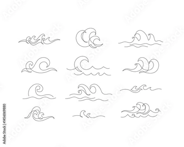 Fototapeta Sea waves set in one line drawing art. Abstract wave continuous line. Water wave ripple line minimalist art. Hand drawn vector illustration in modern minimal style for logo, tattoo, template