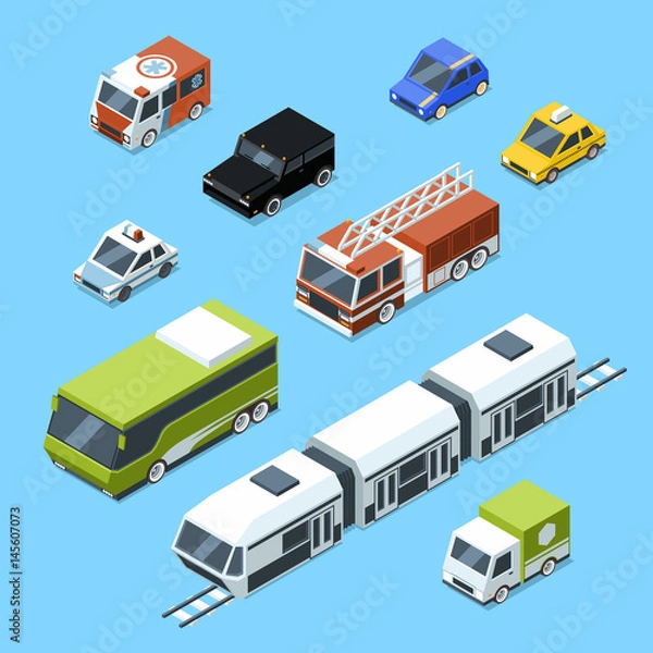 Fototapeta Vector isometric transport, 3d car icons set isolate on white background. Urban traffic pictures