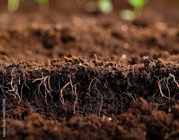 Obraz Close-up of freshly dug soil with visible plant roots, rich brown texture