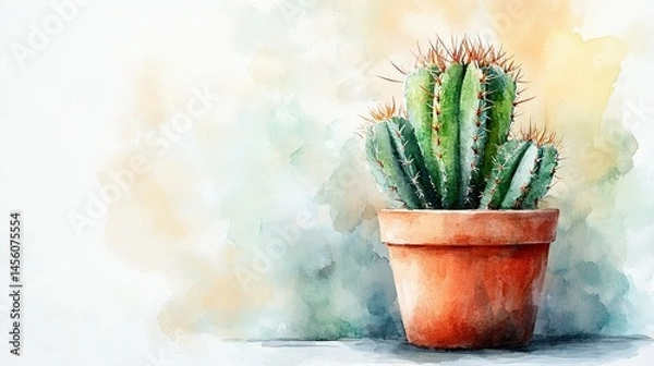 Fototapeta Minimalist Watercolor Cactus in a Simple Pot â€“ Ideal for Desert-Themed Designs -