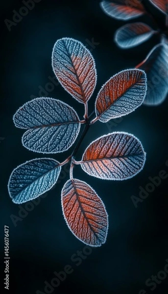 Fototapeta Vibrant Orange and Blue Frost Covered Leaves, Close Up Nature Photography, Abstract Background