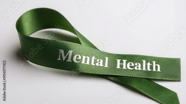 Fototapeta green ribbon in loop shape, symbol of fight against psychological problems, inscription "Mental health", psychology, may, mental health awareness month
