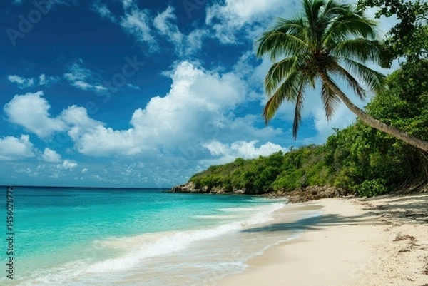 Fototapeta Tropical paradise beach scene with turquoise water, white sand, palm tree, and lush green vegetation under a partly cloudy sky