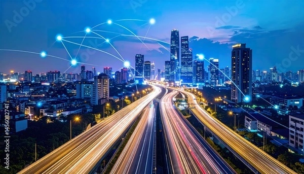 Obraz Futuristic city skyline with light trails and networking connections